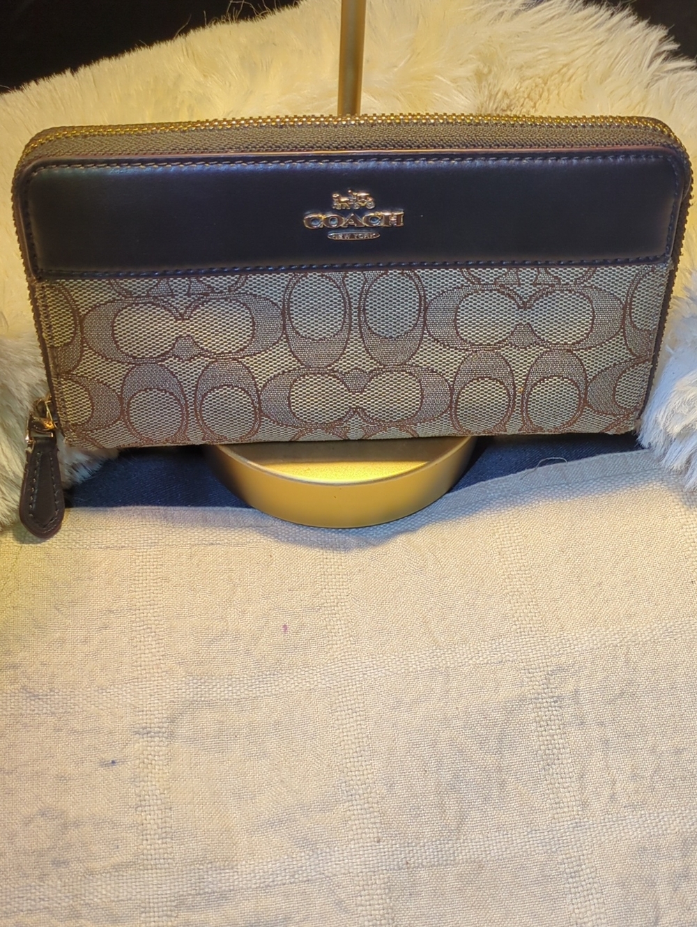 COACH Signature Accordion Zip-Around Wallet w/Dark Brown Leather Trim $95